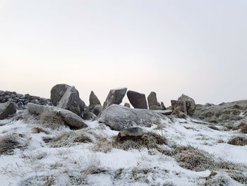 Rocks on field against clear sky during winter