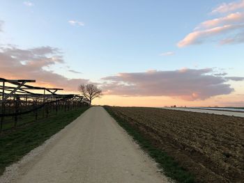 Empty road amidst agricultural field against sky during sunset