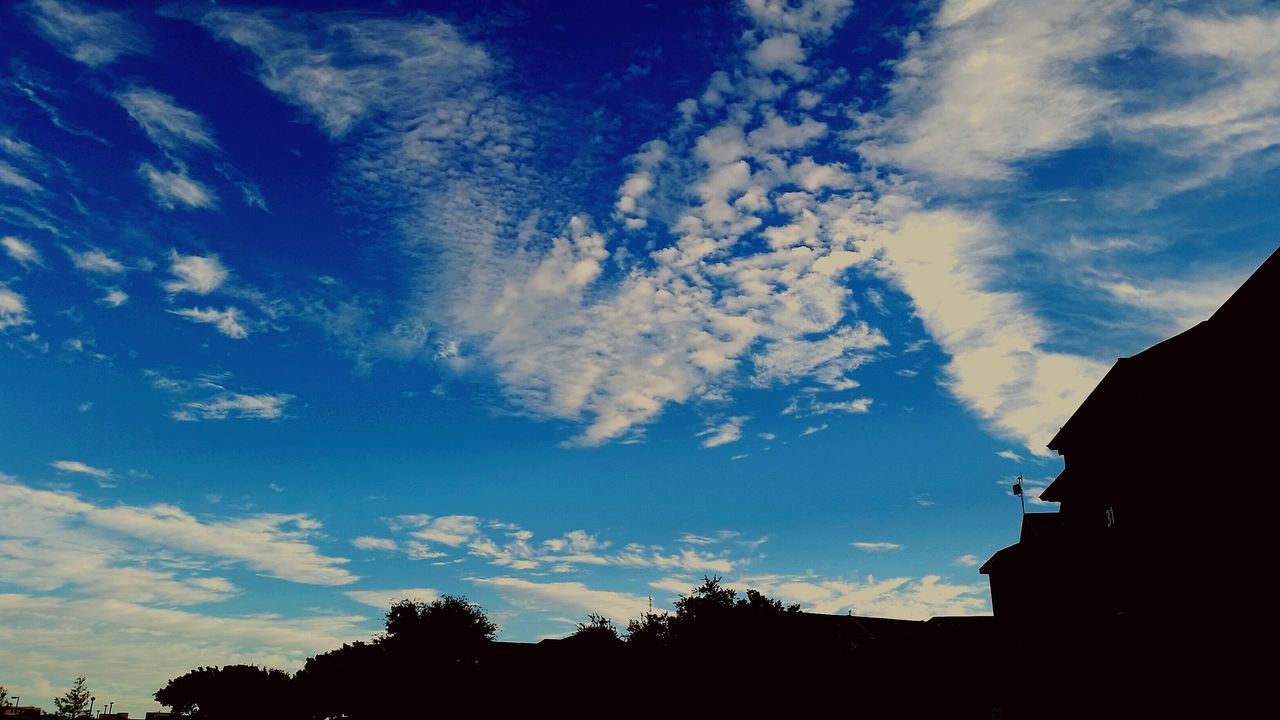 silhouette, low angle view, sky, tree, blue, cloud - sky, cloud, beauty in nature, tranquility, nature, scenics, tranquil scene, dusk, outline, outdoors, built structure, no people, building exterior, cloudy, high section