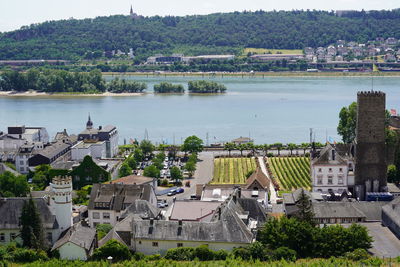 High angle view of buildings in town