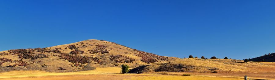 Scenic view of desert against clear blue sky