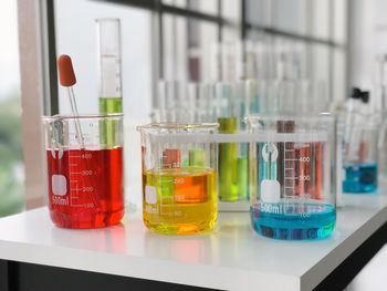 Close-up of glasses on table