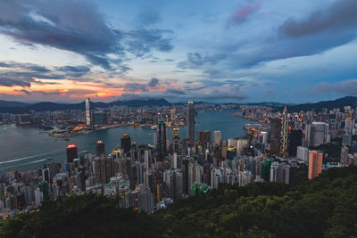 Panoramic view of city buildings against sky during sunset
