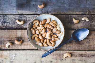 High angle view of cashews on table