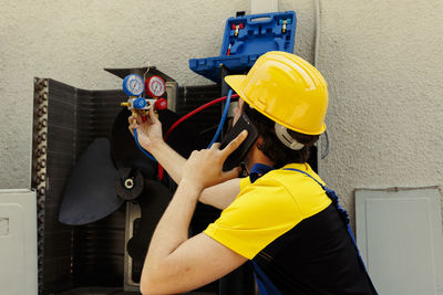 High angle view of man working at construction site