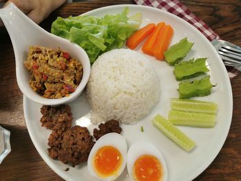 High angle view of meal served on table