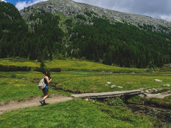 Rear view of woman hiking on mountain