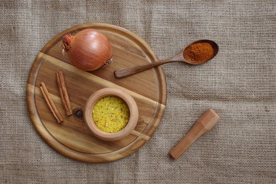 High angle view of eggs in bowl on table