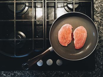 Overhead view of preparing food on stovetop