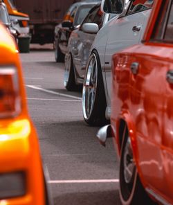 Close-up of vintage car on road