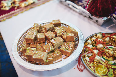 High angle view of food in plate on table