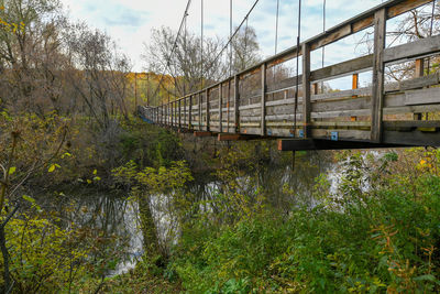 Bridge over river in forest against sky