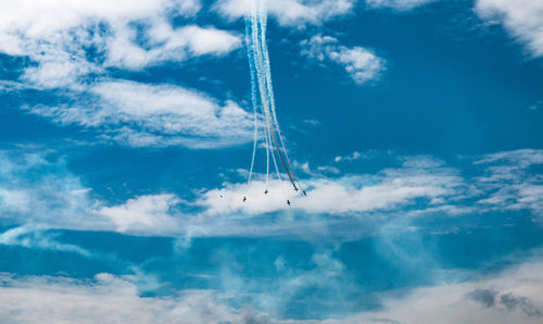 Airshow in cloudy blue sky