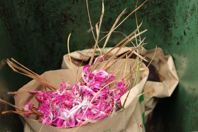 Close-up of pink flower in trash can