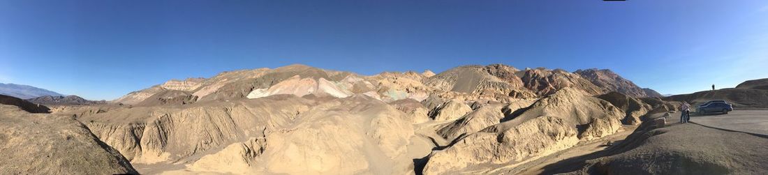 Panoramic view of mountains against clear blue sky