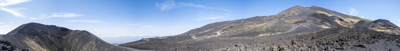 Extra wide angle view of the etna volcano with its craters, lava and lunar landscape