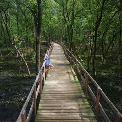 Rear view of boy running on footbridge in forest