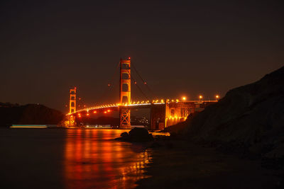 Illuminated bridge over river at night