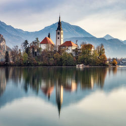 Reflection of building in lake against sky