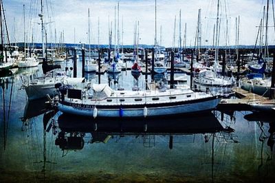 Boats moored at harbor