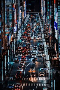 High angle view of traffic on city street at night