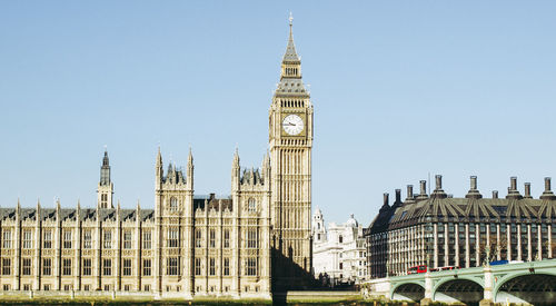 Buildings in city against clear sky