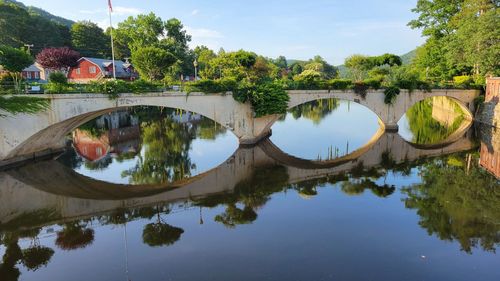 Arch bridge over lake against sky