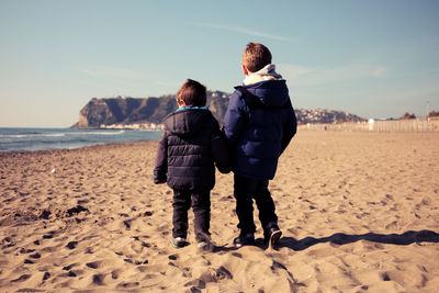 Rear view of children on beach