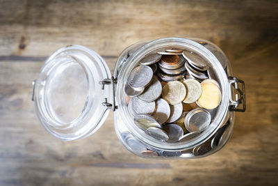 Directly above shot of glass jar on table