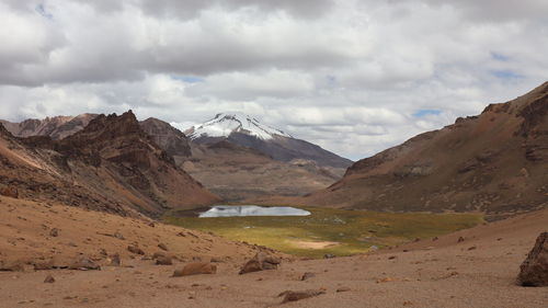 High altitude lake with views of snow capped mountain 