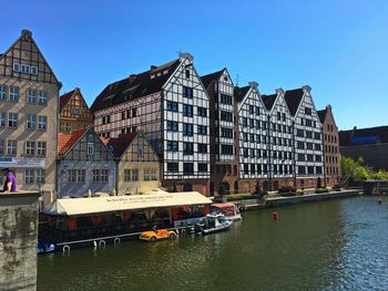 Boats in river with buildings in background