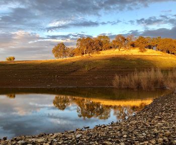 Scenic view of lake by field against sky