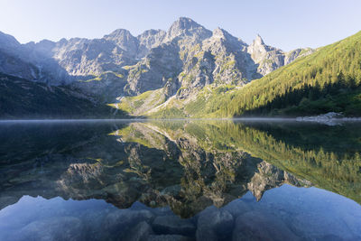 Majestic rocky mountain reflecting in pristine crystal clear alpine lake, poland, europe