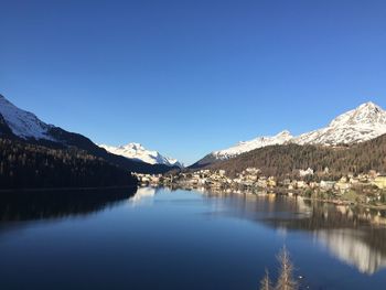 Scenic view of lake and snowcapped mountains against clear blue sky