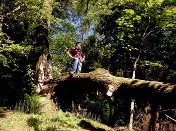 Woman standing amidst trees in forest
