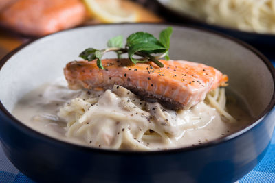 Close-up of meal served in bowl on table