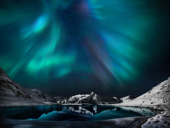 Scenic view of snowcapped mountains against sky at night