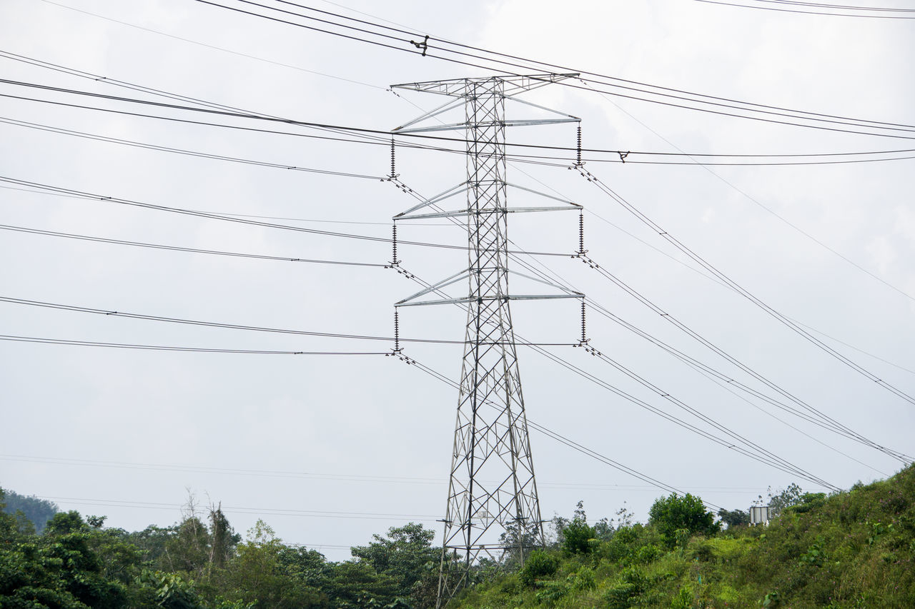 electricity, cable, technology, electricity pylon, power supply, power line, power generation, tower, plant, nature, transmission tower, tree, overhead power line, sky, no people, outdoor power equipment, outdoor structure, environment, line, electrical supply, outdoors, architecture, built structure, cloud, day, in a row, land, landscape, high voltage sign, mast, power cable, low angle view, electrical grid, communication, power station, industry