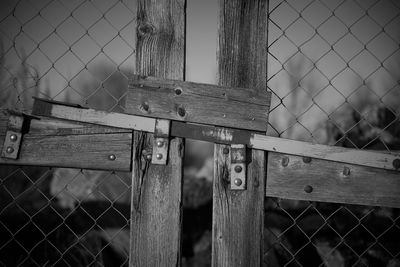 Close-up of a locked wooden gate on a metal fence