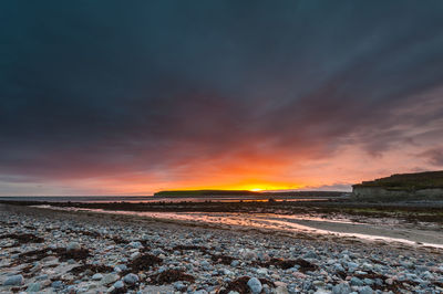 Scenic view of beach against sky during sunset