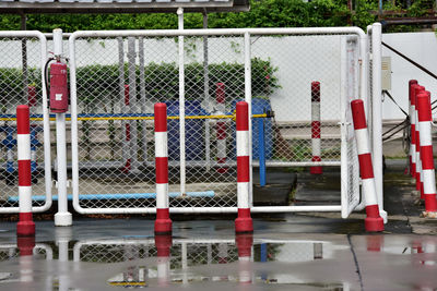 View of closed metal fence