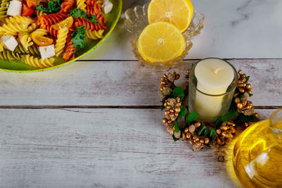 High angle view of fruits on table