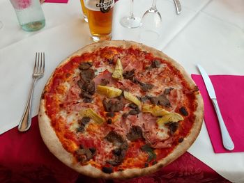 High angle view of pizza on table