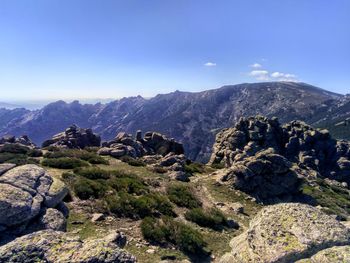 Scenic view of  rocky mountain ridges against clear sky