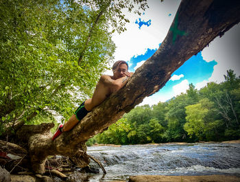 Man resting on tree limb