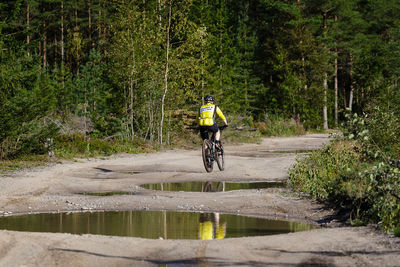 Man riding bicycle in forest