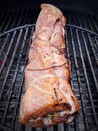 High angle view of meat on barbecue grill