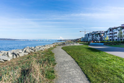 Scenic view of sea by city against sky