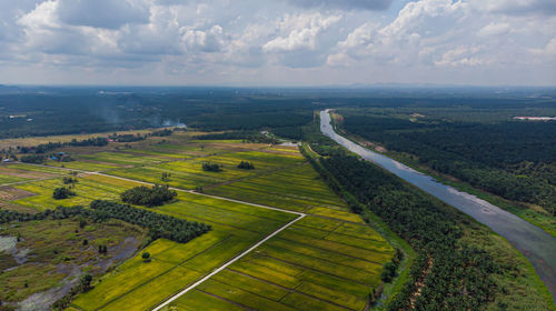 High angle view of agricultural field against sky