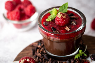 High angle view of strawberries in bowl on table